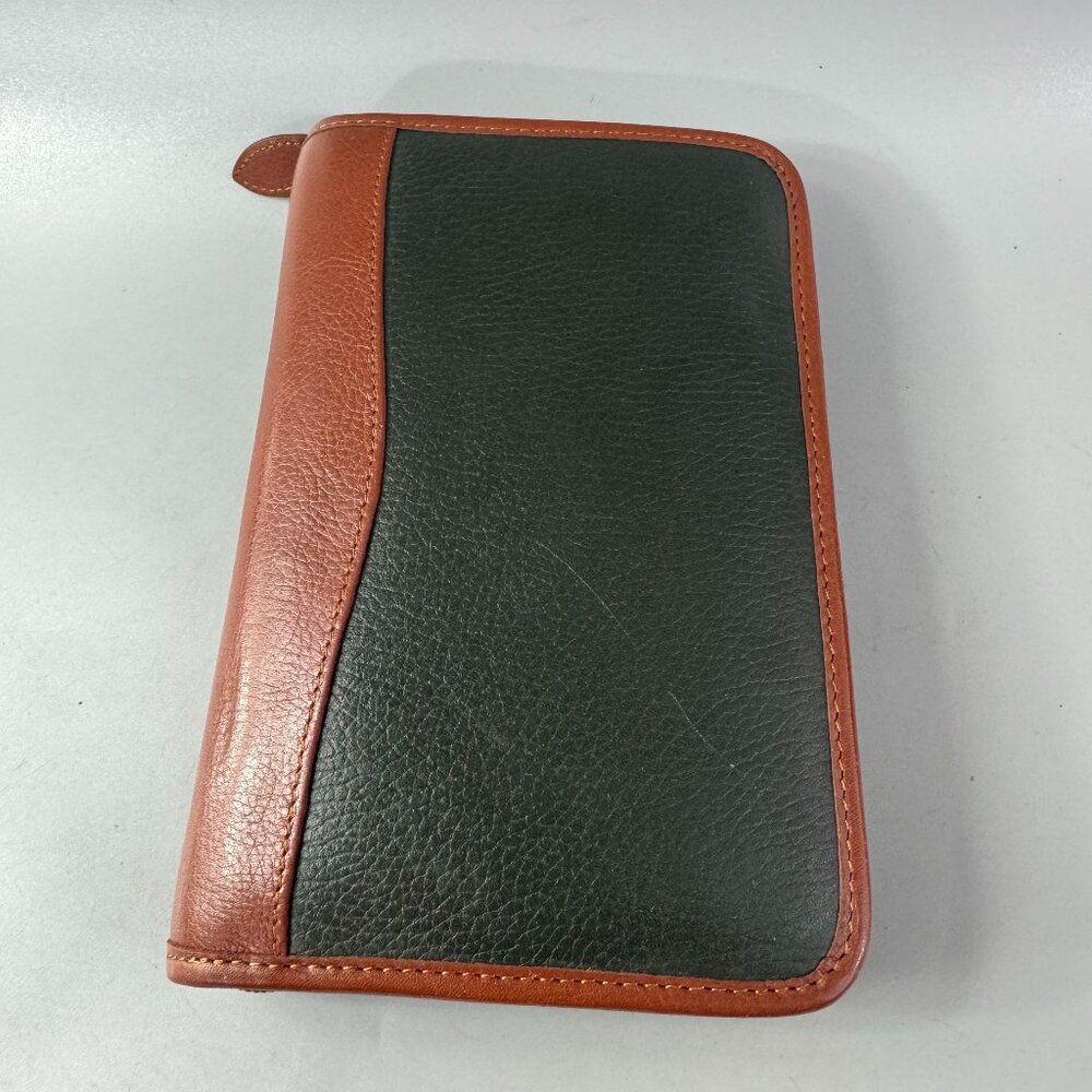 Two-Tone Leather Zip Card & Key Holder in Green and Brown